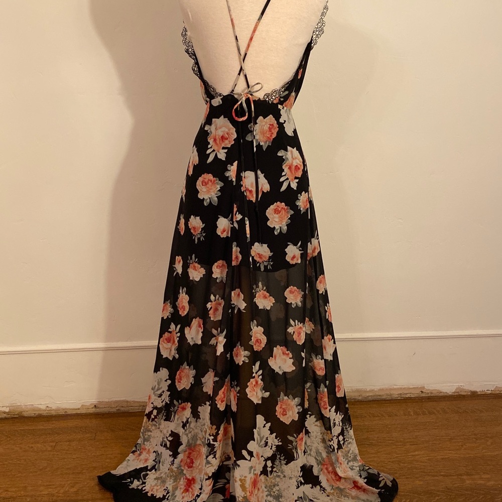 Sexy Backless Black and Rose Maxi Boho Dress, size 6